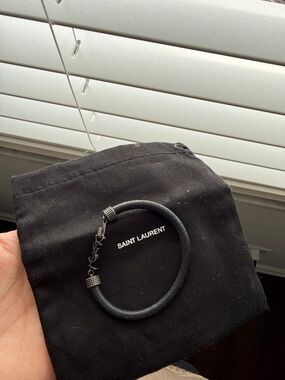 Saint Laurent Black Leather and Gunmetal Chain Bracelet